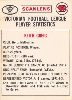 1974 Scanlens VFL #20 Keith Greig Back